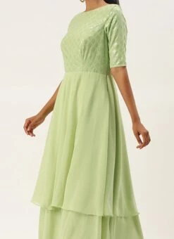 Teen Girls Green Georgette Embroidered Layered Gown Festive Wear