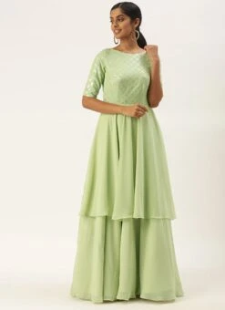 Teen Girls Green Georgette Embroidered Layered Gown Festive Wear -Mahra Clothing Shop Green Georgette Embroidered Layered Gown IWBS02104244 u