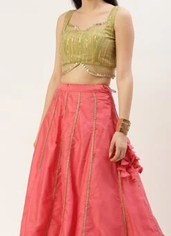 Teen Girls Green Georgette Embroidered Pink Kali Lehenga Festive Wear