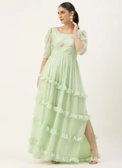 Green Georgette Embroidered Ruffle Maxi Dress Festive Wear -Mahra Clothing Shop Green Georgette Embroidered Ruffle Maxi Dress DRBS02305167 u