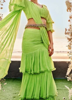 Green Georgette Frills Saree Wedding Wear