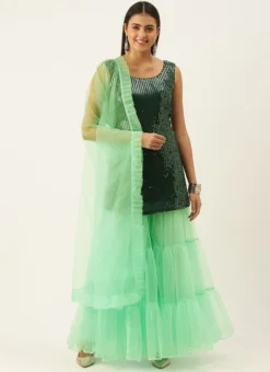 Teen Girls Green Georgette N Net Layered Palazzo Set Festive Wear -Mahra Clothing Shop Green Georgette N Net Layered Palazzo Set SLBS02104269 u