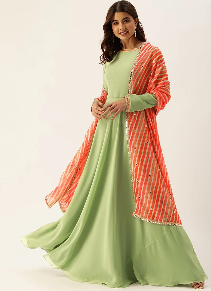 Teen Girls Green Georgette N Orange Printed Anarkali Suit Festive Wear 3 Teen Girls Green Georgette N Orange Printed Anarkali Suit Festive Wear - Image 3