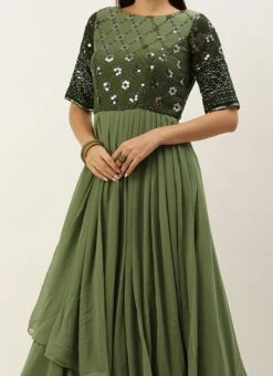 Teen Girls Green Georgette Sequins Embroidery Gown Party Wear