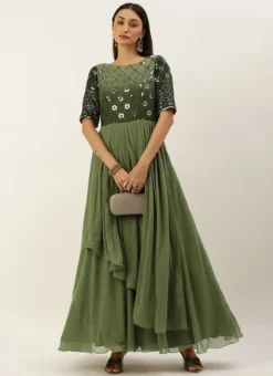 Green Georgette Sequins Embroidery Gown Festive Wear -Mahra Clothing Shop Green Georgette Sequins Embroidery Gown IWBS02301765 u
