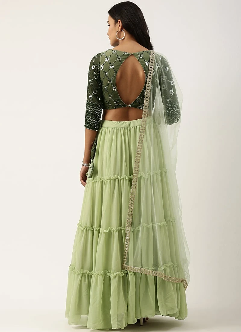 Teen Girls Green Georgette Sequins Embroidery Tiered Gathers Lehenga Festive Wear 4 Teen Girls Green Georgette Sequins Embroidery Tiered Gathers Lehenga Festive Wear - Image 4