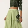 Teen Girls Green Georgette Sequins Embroidery Tiered Gathers Lehenga Festive Wear