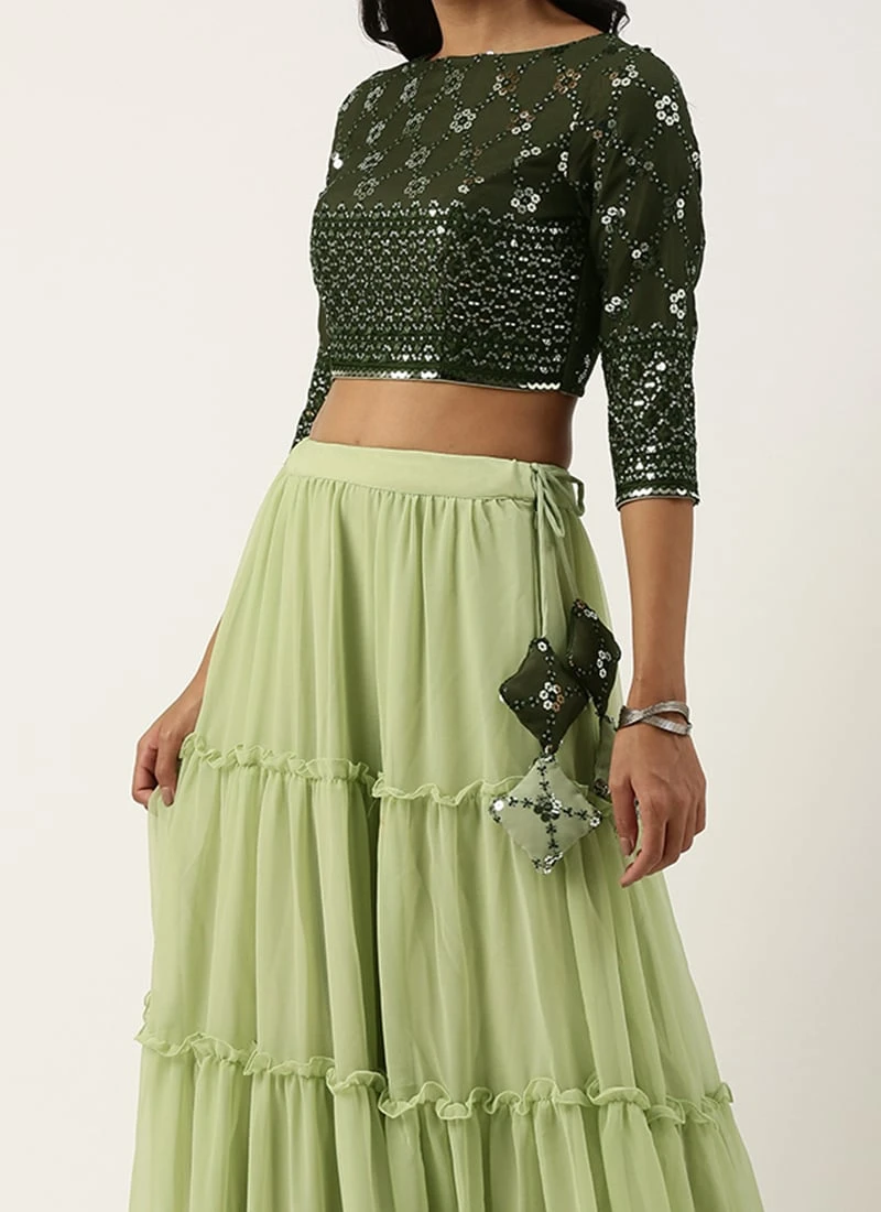 Teen Girls Green Georgette Sequins Embroidery Tiered Gathers Lehenga Festive Wear 1 Teen Girls Green Georgette Sequins Embroidery Tiered Gathers Lehenga Festive Wear