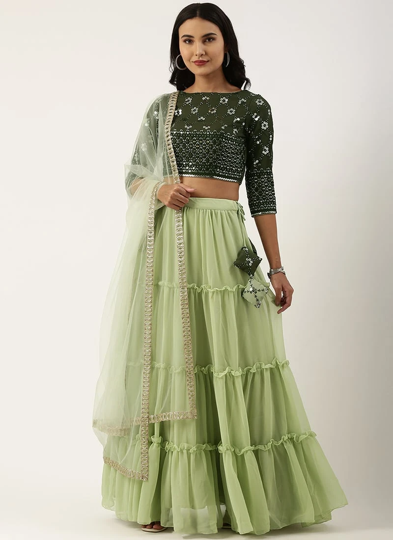 Teen Girls Green Georgette Sequins Embroidery Tiered Gathers Lehenga Festive Wear 3 Teen Girls Green Georgette Sequins Embroidery Tiered Gathers Lehenga Festive Wear - Image 3