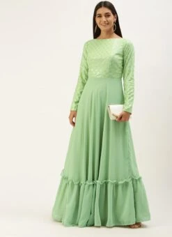 Teen Girls Green Georgette Sequins Full Sleeve Gown Festive Wear -Mahra Clothing Shop Green Georgette Sequins Full Sleeve Gown IWBS02107586 u