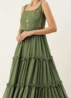 Teen Girls Green Georgette Sequins Gown Festive Wear