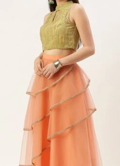 Teen Girls Green Georgette Sequins N Peach Net Lehenga Festive Wear
