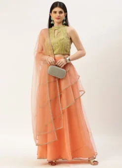Teen Girls Green Georgette Sequins N Peach Net Lehenga Festive Wear -Mahra Clothing Shop Green Georgette Sequins N Peach Net Lehenga GHBS02210904 u 1