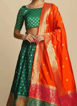 Green Jacquard Silk Weaving Work Umbrella Lehenga Party Wear