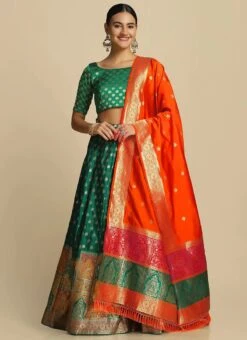 Green Jacquard Silk Weaving Work Umbrella Lehenga Party Wear -Mahra Clothing Shop Green Jacquard Silk Weaving Work Umbrella Lehenga GHSWE1010257G u