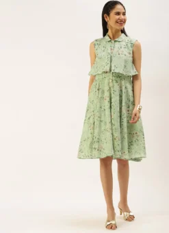 Green Muslin Printed Mini Dress Party Wear -Mahra Clothing Shop Green Muslin Printed Mini Dress DRBS02208445 u