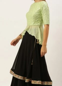 Teen Girls Green N Black Embroidered Layered Lehenga Set Festive Wear