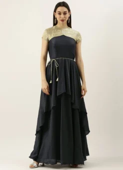 Green N Dark Grey Layered Floor Length Gown Party Wear -Mahra Clothing Shop Green N Dark Grey Layered Floor Length Gown IWBS02105368 u