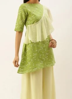 Teen Girls Green N Off White Printed Kurta Set Festive Wear