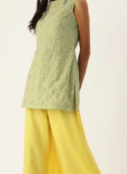 Teen Girls Green N Yellow Embroidered A Line Palazzo Suit Festive Wear