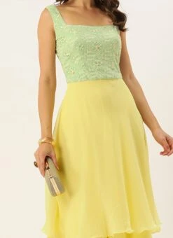 Teen Girls Green N Yellow Embroidered Georgette Layered Gown Festive Wear