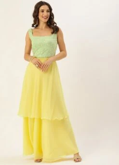 Teen Girls Green N Yellow Embroidered Georgette Layered Gown Festive Wear -Mahra Clothing Shop Green N Yellow Embroidered Georgette Layered Gown IWBS02110018 u