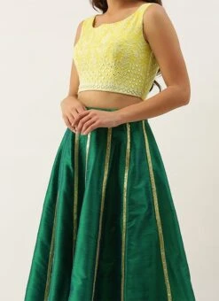 Teen Girls Green N Yellow Embroidered Kali Lehenga Festive Wear