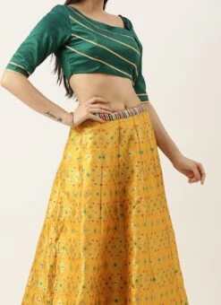 Teen Girls Green N Yellow Jacquard Skirt Set Festive Wear