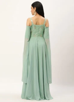 Teen Girls Green Net Embroidered Cape Style Sleeve Gown Party Wear -Mahra Clothing Shop Green Net Embroidered Cape Style Sleeve Gown IWBS02301678 b