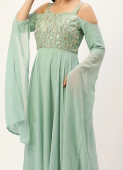 Teen Girls Green Net Embroidered Cape Style Sleeve Gown Party Wear