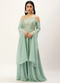 Teen Girls Green Net Embroidered Cape Style Sleeve Gown Party Wear -Mahra Clothing Shop Green Net Embroidered Cape Style Sleeve Gown IWBS02301678 u
