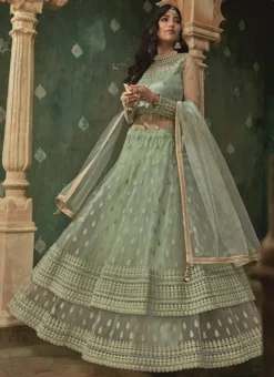 Green Net Long Choli A Line Lehenga Wedding Wear -Mahra Clothing Shop Green Net Long Choli A Line Lehenga GHSCC78005 u