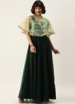 Teen Girls Green Organza Cape Style Gown Party Wear -Mahra Clothing Shop Green Organza Cape Style Gown IWBS02204759 u