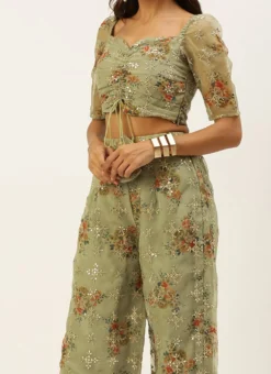 Teen Girls Green Organza Embroidered Co Ords Set Party Wear