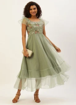 Teen Girls Green Organza Embroidered Gown Party Wear -Mahra Clothing Shop Green Organza Embroidered Gown IWBS02205980 u