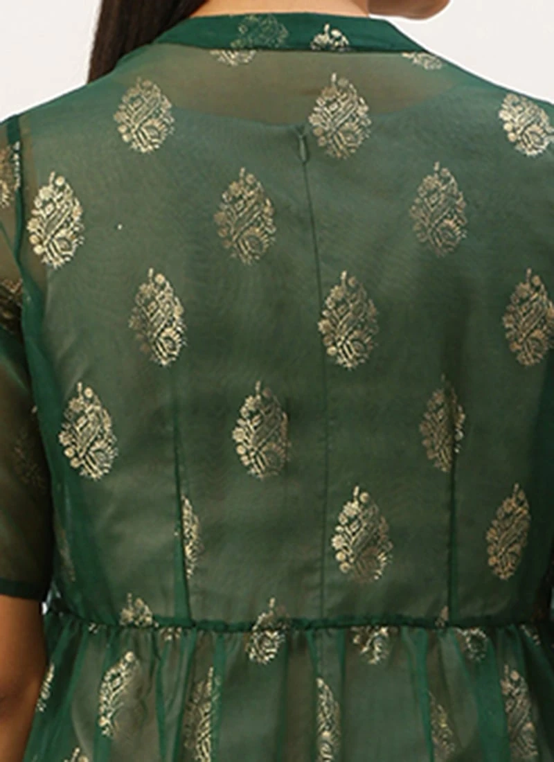 Green Organza Foil Printed Jacket Style Dress Festive Wear 6 Green Organza Foil Printed Jacket Style Dress Festive Wear - Image 6