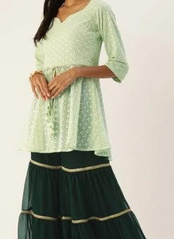 Teen Girls Green Peplum Top Sharara With Dupatta Festive Wear