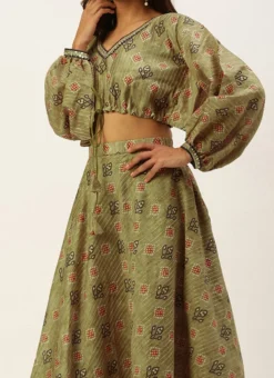 Teen Girls Green Printed Art Silk Co Ords Set Party Wear