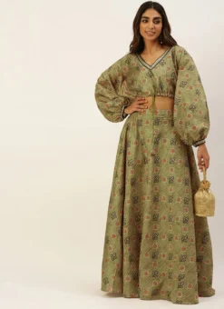 Teen Girls Green Printed Art Silk Co Ords Set Party Wear -Mahra Clothing Shop Green Printed Art Silk Co Ords Set IWBS02207403 u