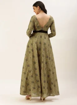 Teen Girls Green Printed Art Silk Cotton Gown Party Wear -Mahra Clothing Shop Green Printed Art Silk Cotton Gown IWBS02209789 b