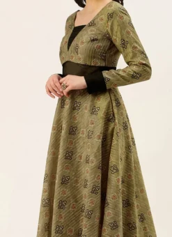 Teen Girls Green Printed Art Silk Cotton Gown Party Wear