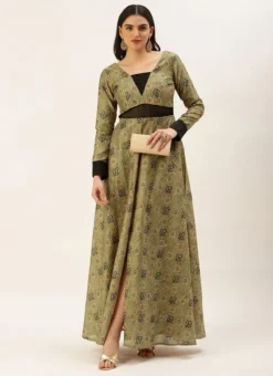 Teen Girls Green Printed Art Silk Cotton Gown Party Wear -Mahra Clothing Shop Green Printed Art Silk Cotton Gown IWBS02209789 u