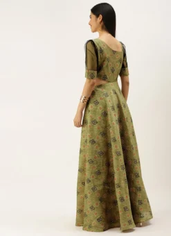 Teen Girls Green Printed Art Silk Gown Festive Wear -Mahra Clothing Shop Green Printed Art Silk Gown IWBS02208430 b