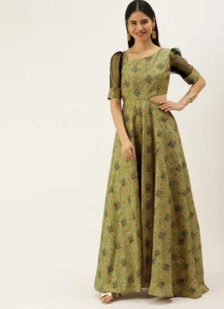 Teen Girls Green Printed Art Silk Gown Festive Wear -Mahra Clothing Shop Green Printed Art Silk Gown IWBS02208430 u