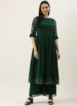Teen Girls Green Sequin Embroidered N Green Georgette Kurta Set Festive Wear -Mahra Clothing Shop Green Sequin Embroidered N Green Georgette Kurta Set KSBS02104304 u 1