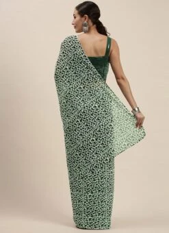 Teen Girls Green Sequins Blouse N Cream Printed Saree Party Wear -Mahra Clothing Shop Green Sequins Blouse N Cream Printed Saree SABS02107580 b