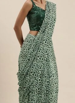 Teen Girls Green Sequins Blouse N Cream Printed Saree Party Wear