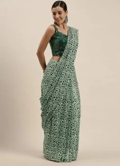 Teen Girls Green Sequins Blouse N Cream Printed Saree Party Wear -Mahra Clothing Shop Green Sequins Blouse N Cream Printed Saree SABS02107580 u