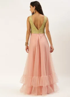 Green Sequins Embroidered N Peach Net Gown Festive Wear -Mahra Clothing Shop Green Sequins Embroidered N Peach Net Gown IWBS02211073 b