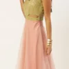 Green Sequins Embroidered N Peach Net Gown Festive Wear